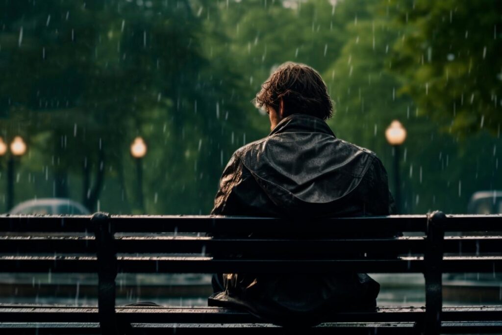 a person sits outside on a bench while it rains wondering how does weather impact addiction