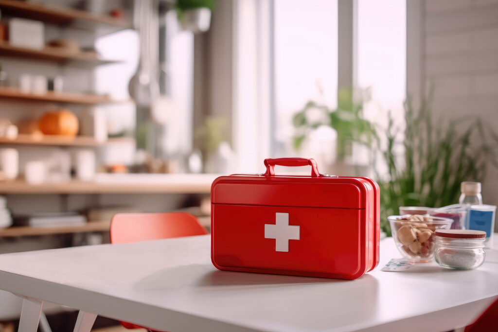 a first aid kit sits on a table while a person asks what are drug detox kits