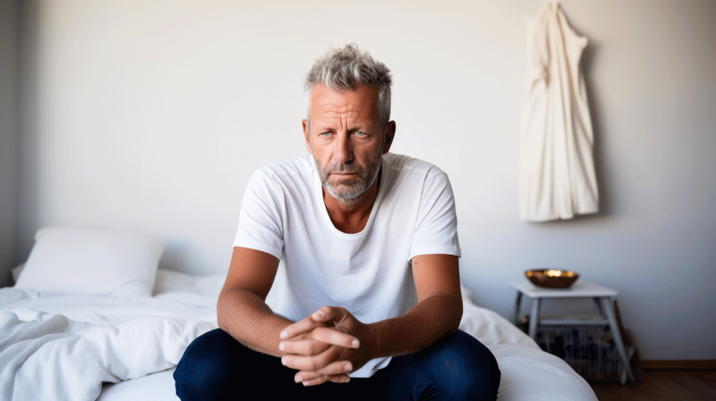 older man has his hands clasped together while sitting on a bed thinking about what are the types of addiction